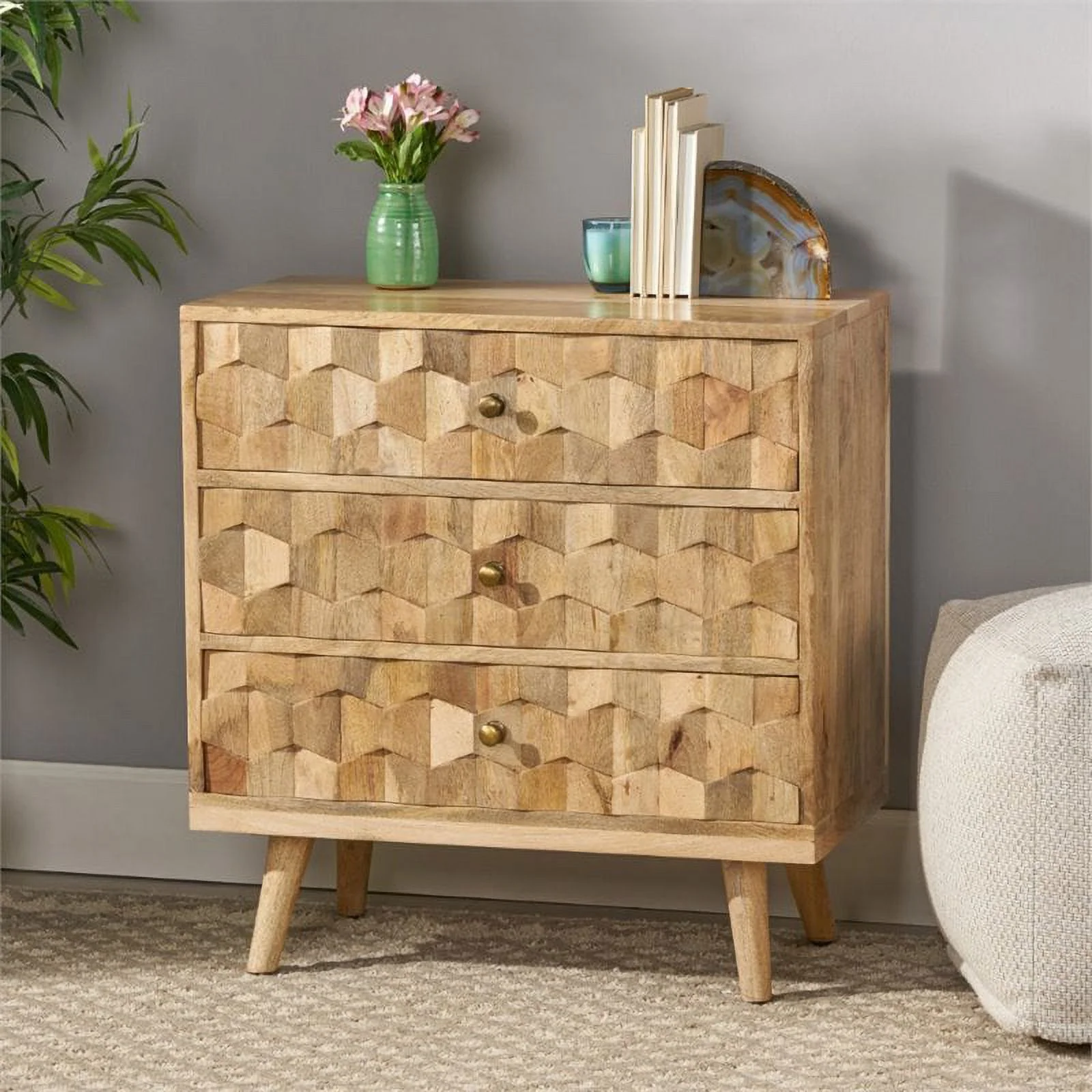 Pemberly Row Mid-Century Modern Mango Wood 3 Drawer Chest in Natural