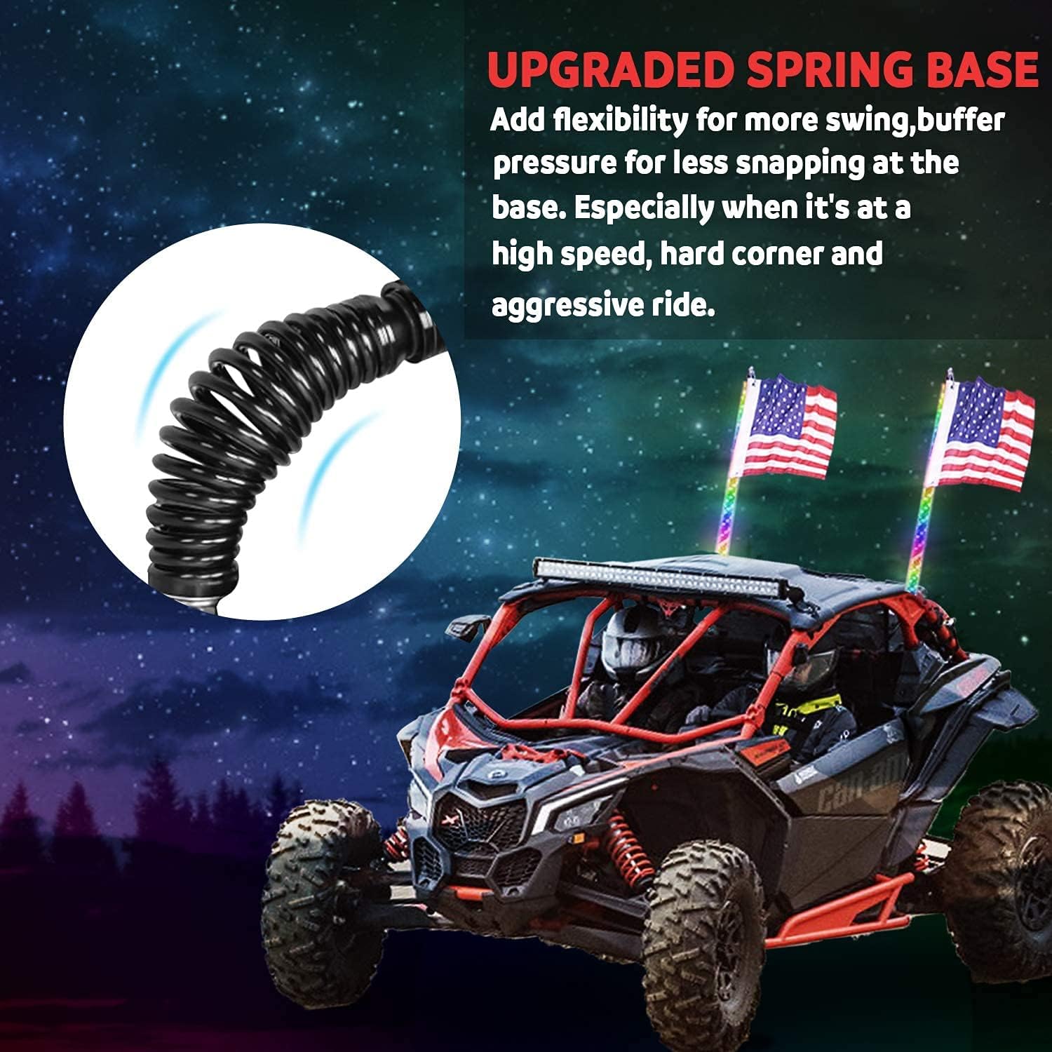 OHMU 2Pcs 3FT Spiral LED Whip Lights for UTV ATV [21 Modes] [20 Colors] [RF Wireless Remote] [Weatherproof] [USA Flag] LED Lighted Whips Antenna for