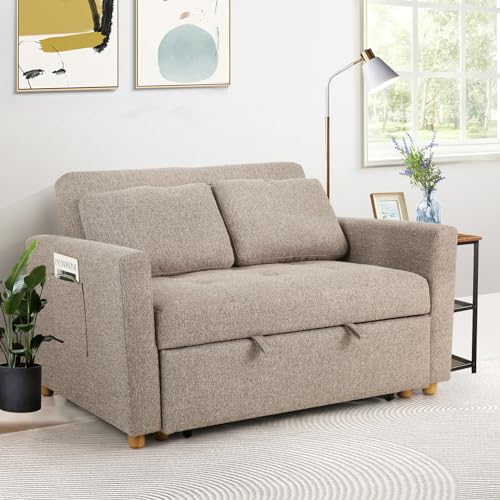 SEJOV 3-in-1 Convertible Sofa Bed, Linen Fabric Sleeper Couch Pull Out Bed, 49" 2-Seater Loveseat Futon Sofa with Spring Support