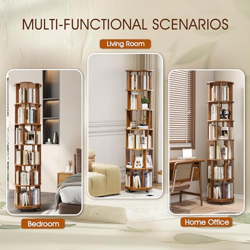 6 Tier Rotating Bookshelf Tower Spinning Bookshelf with Swivel Wheels Book Shelf Rotating Storage Tower for Kids Adult Narrow Walnut Solid Wood