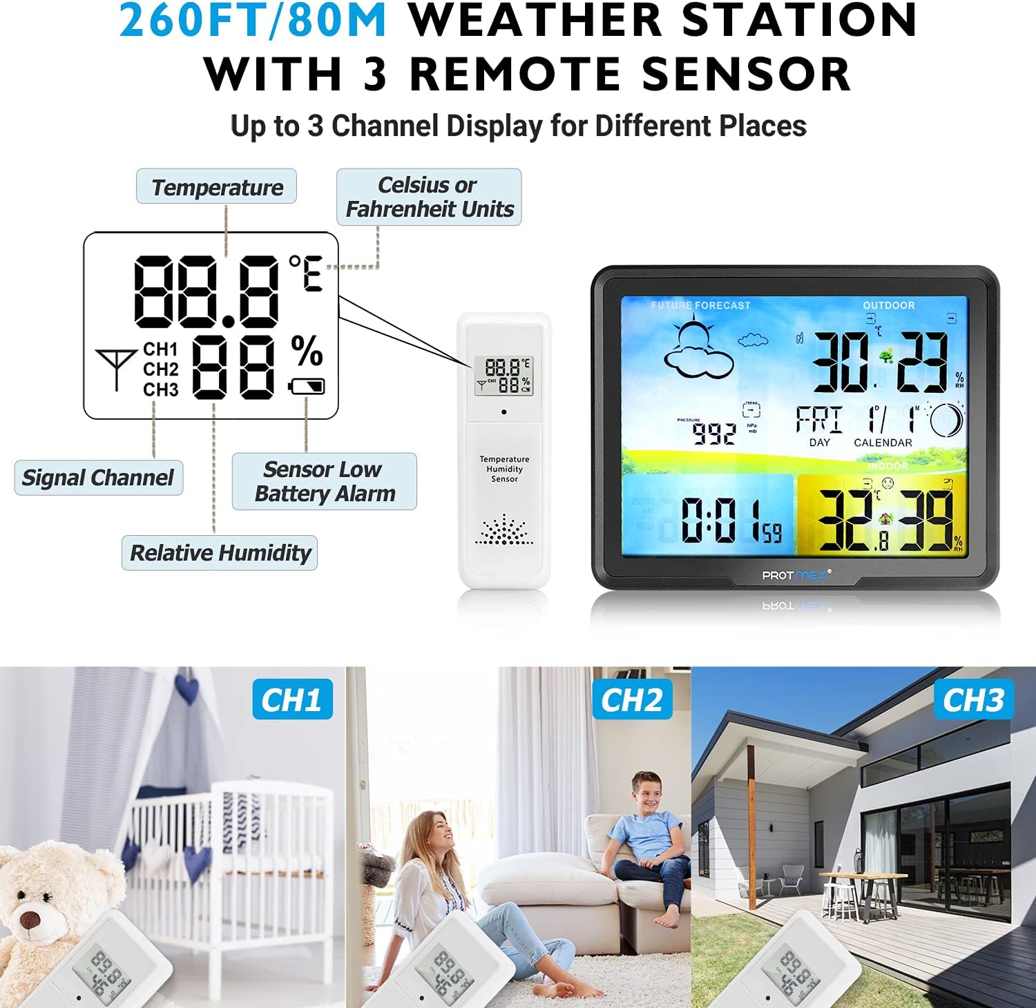 Protmex Wireless Weather Station Indoor Outdoor RCC Thermometer with 3 External Sensor
