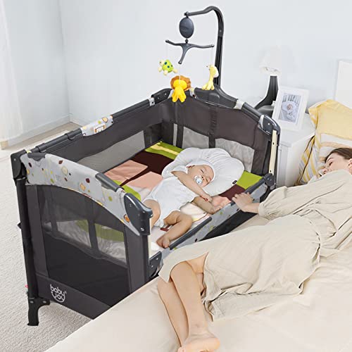 BABY JOY 4 in 1 Pack and Play, Baby Bedside Sleeper with Bassinet, 3 Adjustable Heights, Music Box, Easy to Install