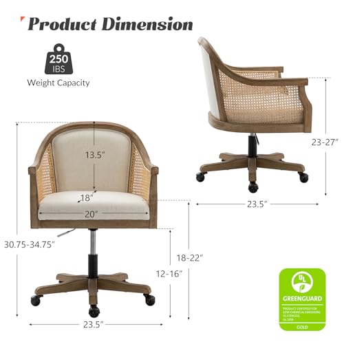 HULALA HOME Rattan Desk Chair, Upholstered Home Office Chair, Vintage Office Chair with Armrest