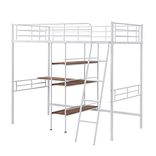 Harper & Bright Designs Full Loft Bed with Desk, Metal Loft Beds with Storage Shelves, Desk, and Wardrobe, Heavy-Duty Loft Bed Frame for Kids, Teens