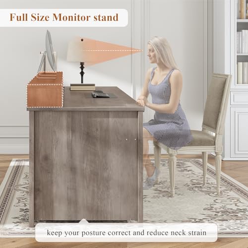 SEDETA Farmhouse 63" Executive Desk, Home Office Desk with File Drawer and Monitor Stand, Computer Desk with Drawers and Storage Cabinet