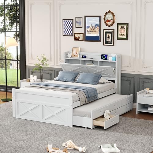 Harper & Bright Designs Twin Size Captain Platform Bed with Bookcase Headboard, Wood Twin Bed Frame with Storage Drawers and Shelves