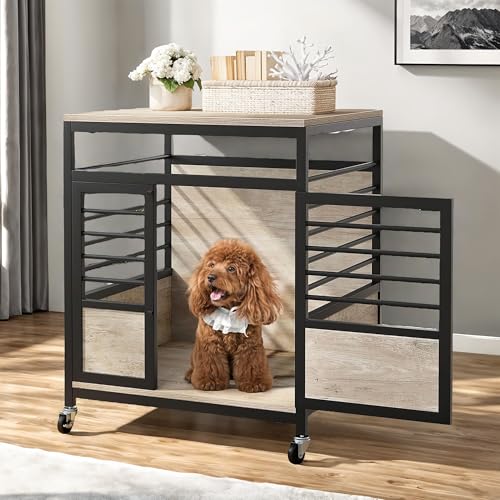 YITAHOME 39 Inch Dog Crate Furniture with Storage Shelves, Wooden Dog Crate for Large Dogs with Power Outlets