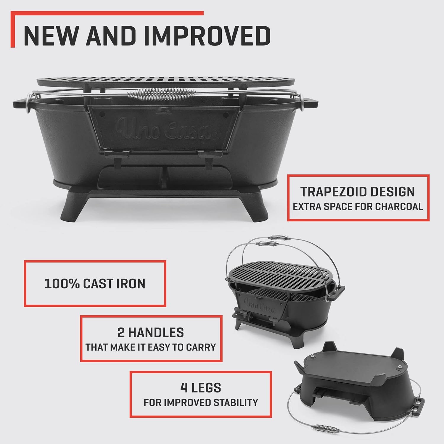 Uno Casa Hibachi Grill - Pre-Seasoned Small Charcoal Grill, Portable Charcoal Grill for Camping, Outdoors