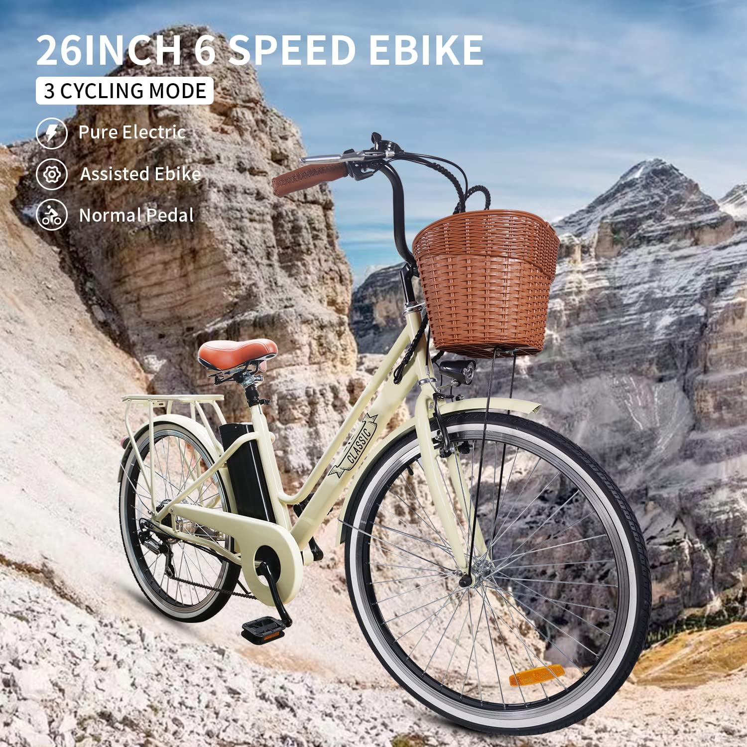 NAKTO Electric Bike, Electric Bike for Adults 26'' E-Bikes with 350W Motor, 20MPH City Bike with Front v Brake, 36V 12AH Removable Battery