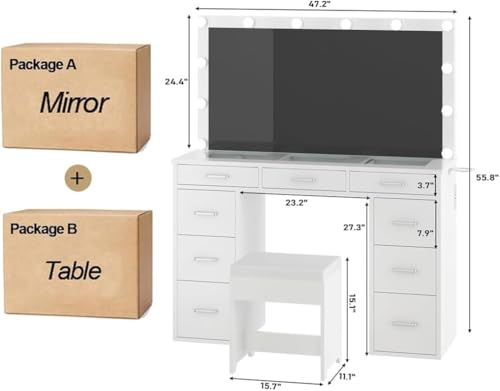 White Vanity Desk Set with Mirror and Lights, 47" Glass Top Vanity with 9 Drawers & Power Outlet