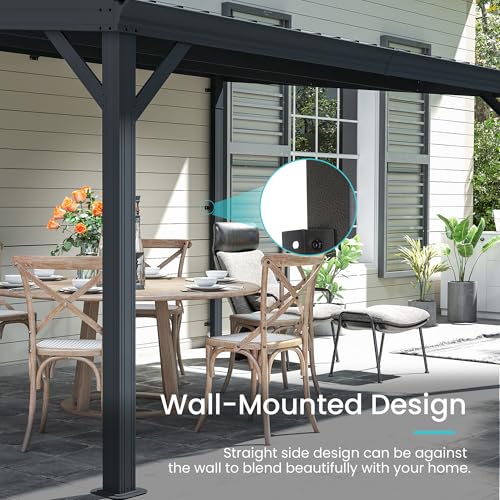 Domi 10' x 14' Lean to Gazebo, Wall Mounted Gazebos Pergola with Built in Drainage System, Galvanized Steel Roof