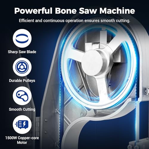 Commercial Electric Meat Saw, 750W Bone Saw For Butchering,110V Meat Bandsaw, Bone Cutting Machine with 2 Saw Blades,0.39-4.3 Cutting Thickness
