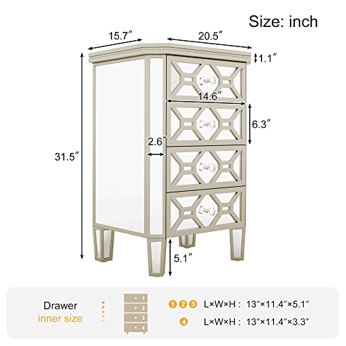 4-Drawer Chest Mirrored Bedroom Chests with Golden Lines, Crystal-Shape Knob, Glass Luster Tall Storage Cabinet for Bedroom Living Room, Entryway