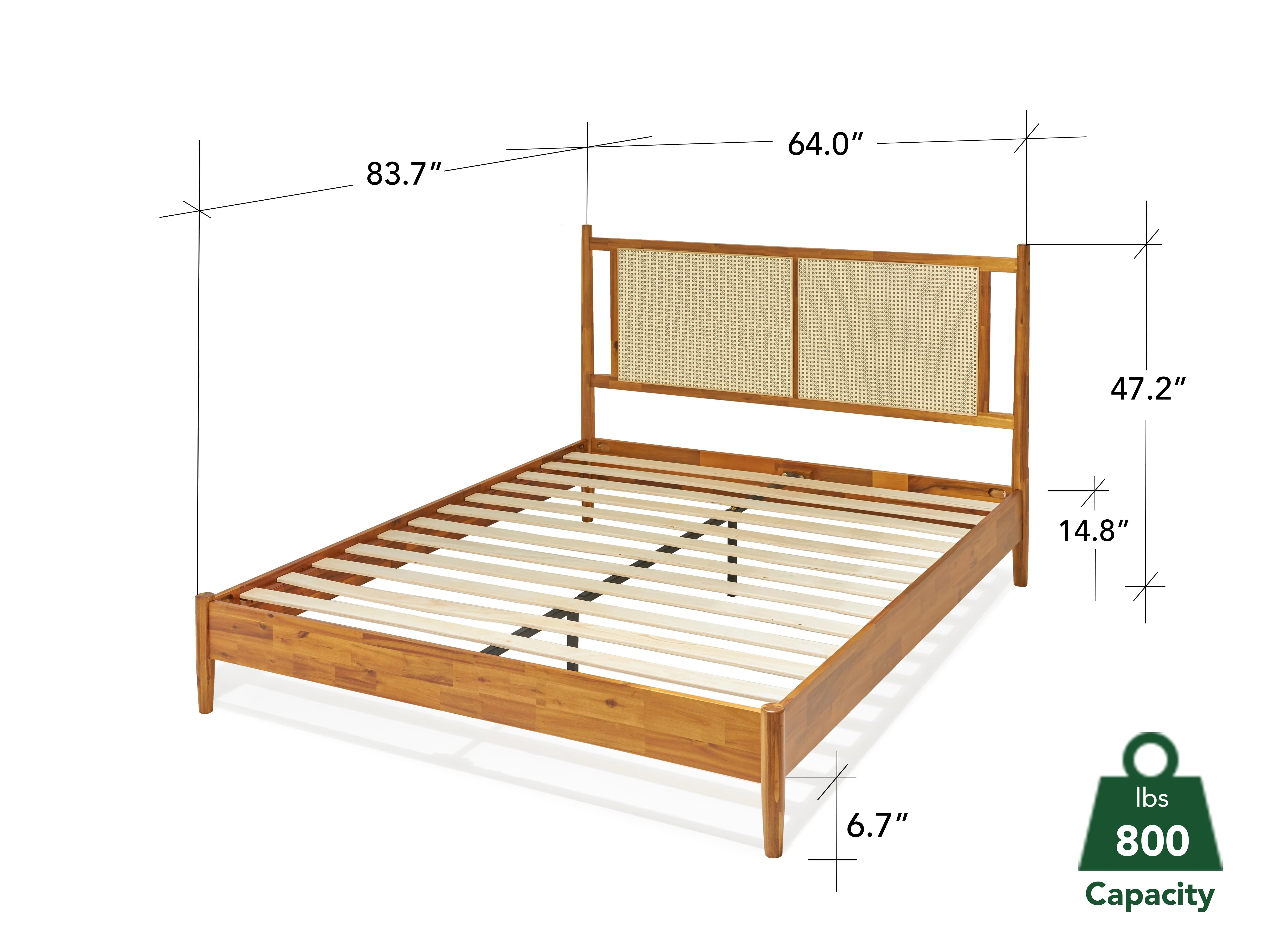 BME Asher 47" Queen Platform Bed Frame, Rattan Headboard, Mid Century and Boho, Solid Wood, Caramel