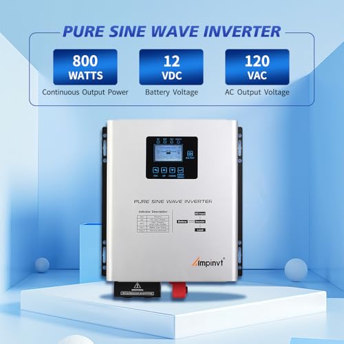 800W Pure Sine Wave Inverter with AC Charger, DC 12V to AC 120V Output,UPS Backup Power Low Frequency Inverter for Lithium, Sealed,AGM, Gel