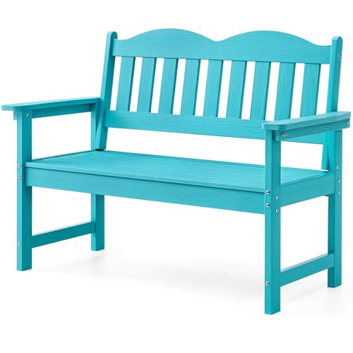 Outdoor Bench, 2-Person Poly Lumber Garden Bench with 800 lbs Weight Capacity, All-Weather Patio Bench with Armrests and Backrest for Garden, Porch