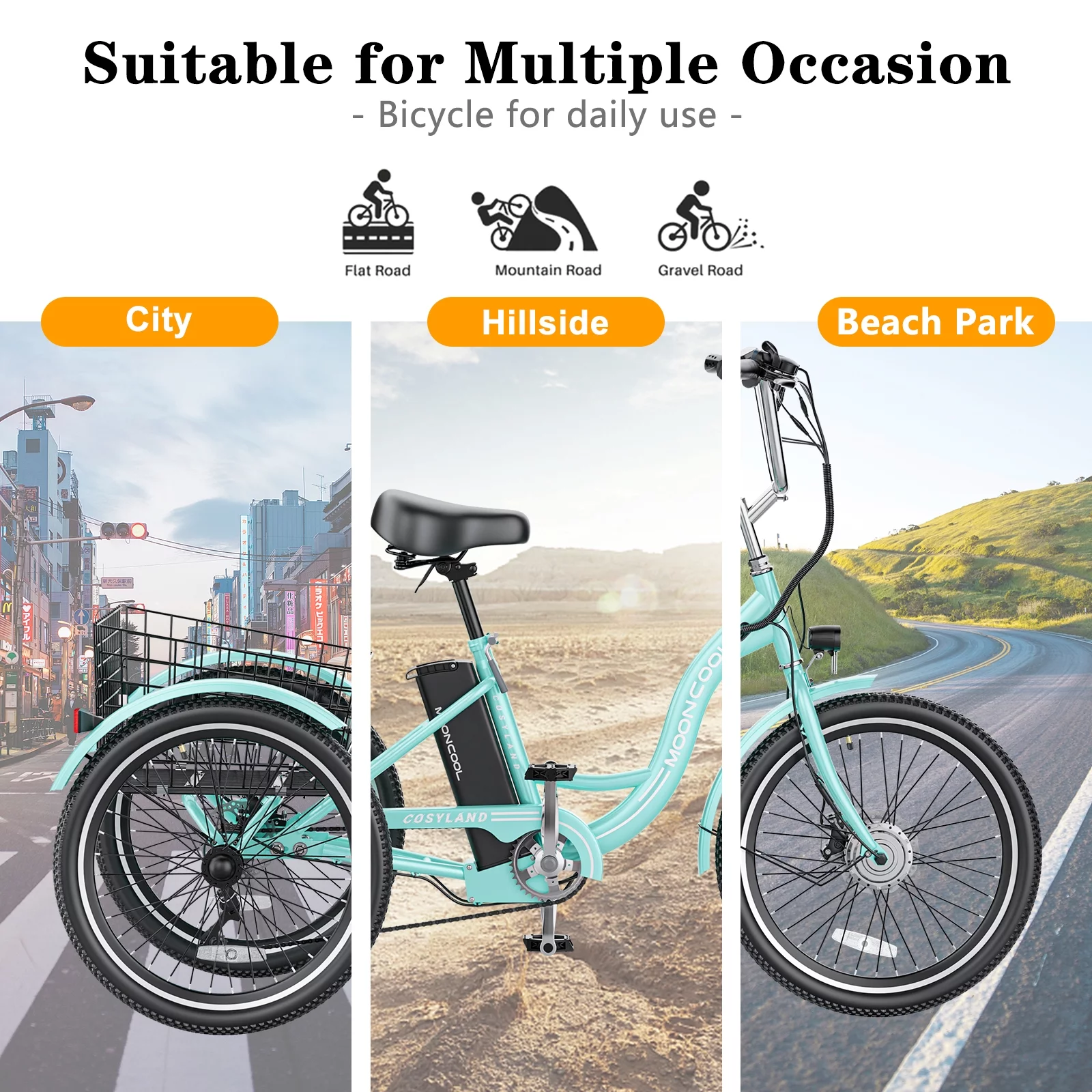 MOONCOOL 350W Motorized Electric Trike, 7 Speed 3 Wheel Electric Bicycle with 36V 14.5Ah Lithium Battery UL Certified