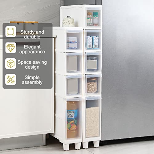 Narrow Tall Floor Cabinet for Bathroom, Vertical Storage Unit with 4 Clear Drawers and Casters