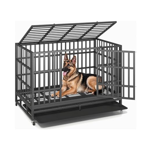 48 Inch Heavy Duty Dog Crate – Indestructible Steel Cage for Large Dogs, Double Door High Anxiety Cage with Removable Tray & Locking Wheels