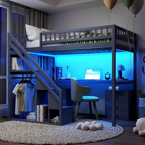 Modern Full Size Gaming Loft Bed with Built-in Desk and Storage Wardrobe, Wood Loft Bed Frame with Light Strip and 2 Drawers