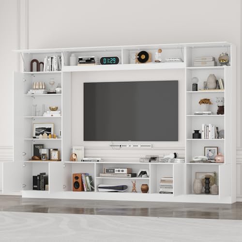 Glossy Entertainment Center with Storage, 94.5”W Wall Unit TV Stand with Bookshelves & Adjustable Shelves, Modern Media Center Cabinet with Bridge