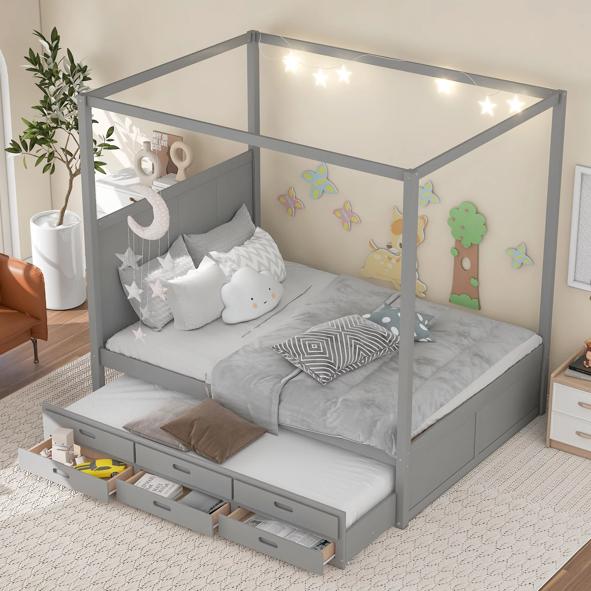 Bellemave Queen Size Canopy Bed with Twin Size Trundle and 3 Storage Drawers, Queen Platform Bed with Headboard, Wood Queen Bed Frame for Kids, Teens
