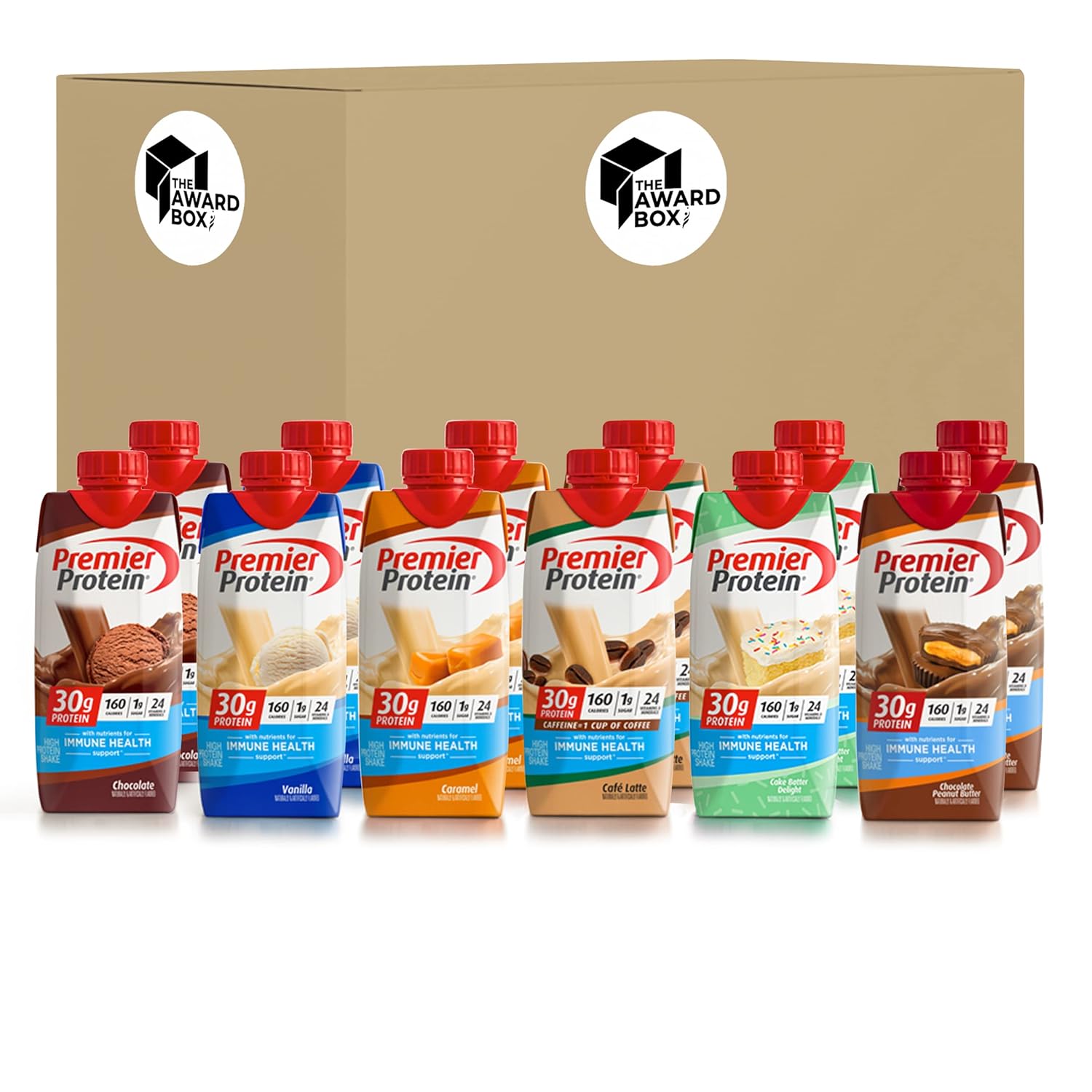 Premier Protein High Protein Shakes Variety Sampler Pack, 11 Fl. Oz Each - Cafe Latte, Chocolate, Vanilla, Caramel, Cake Batter