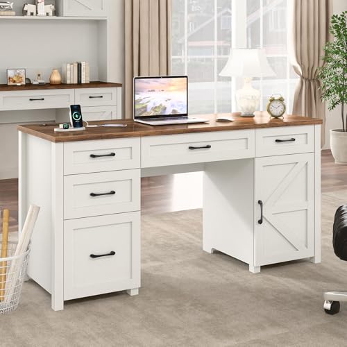 Farmhouse 61'' Executive Desk with 5 Drawers, Rustic Office Desk Computer Desk with Charging Station, File Drawers and Storage Cabinet