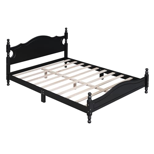 Retro Queen Bed Frame Wood Platform Bed with Headboard and Wooden Slat Support No Box Spring Needed (Black)