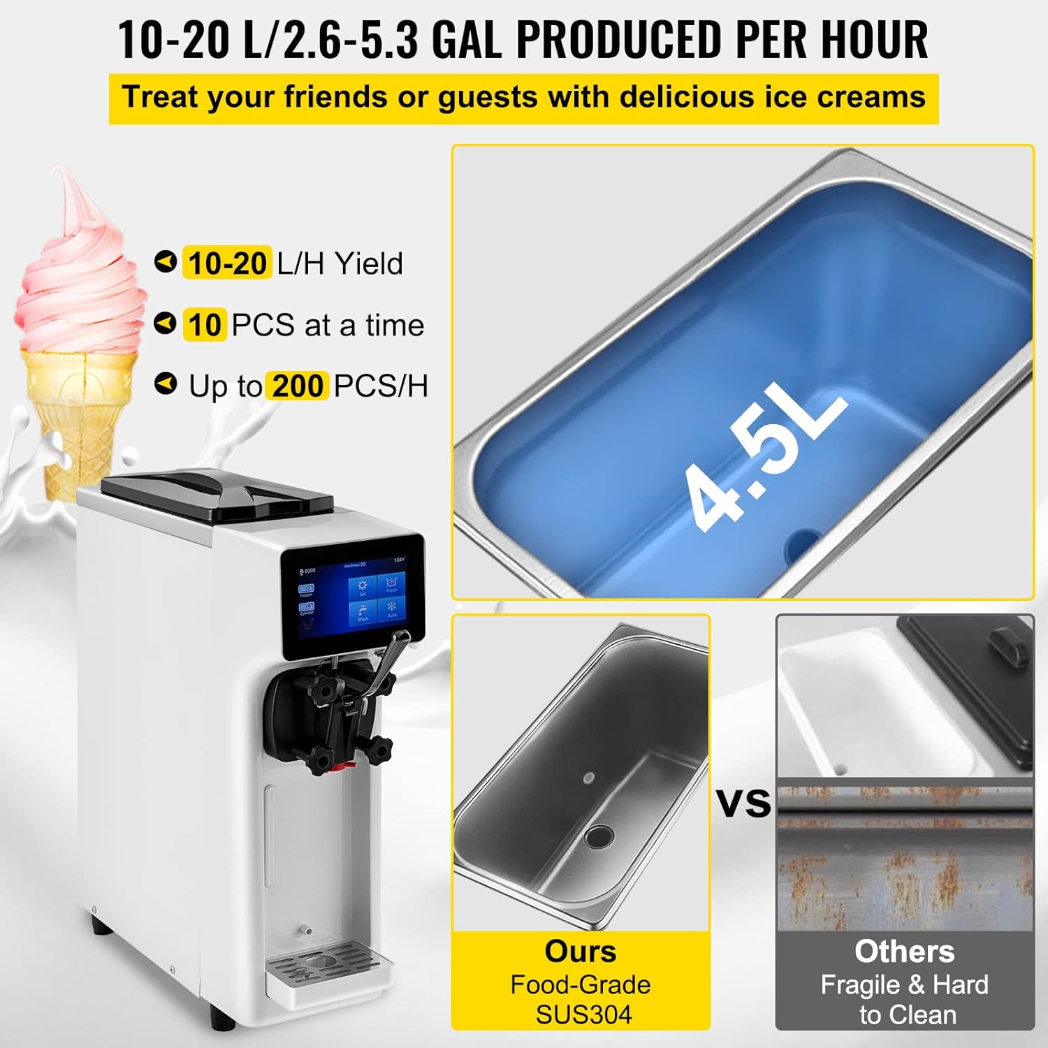 VEVOR Commercial Ice Cream Maker, 10-20L/H Yield