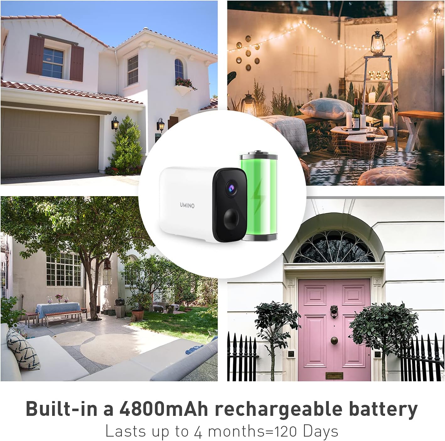 UMINO Security Camera Outdoor,1080P FHD Wireless Rechargeable Battery Camera for Home Security,PIR Motion Detection, Siren Alarm,2 Way Audio