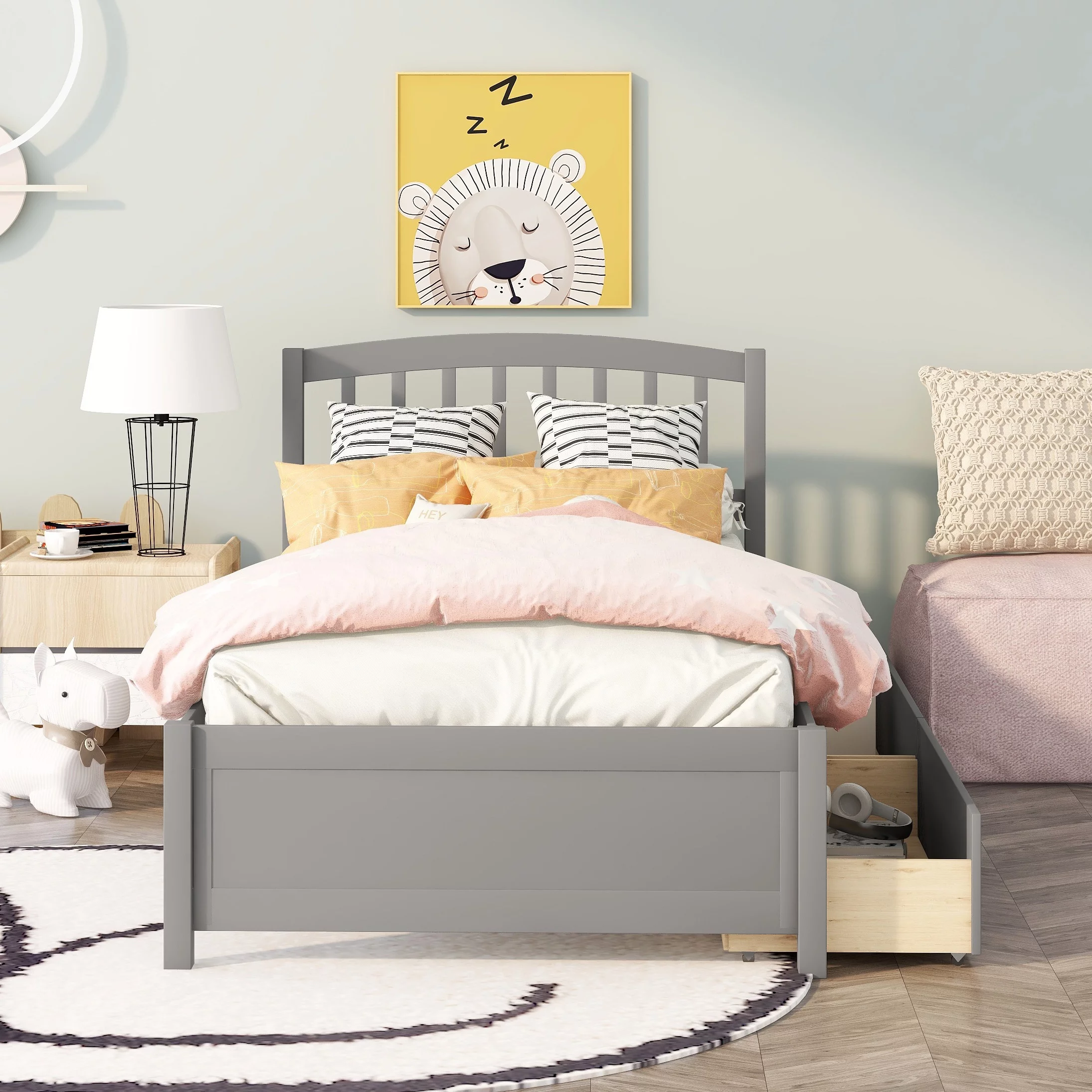 Bellemave Twin Bed Frame with 2 Storage Drawers, Wood Platform Beds with Headboard, Modern Kids Storage Bed (Grey)
