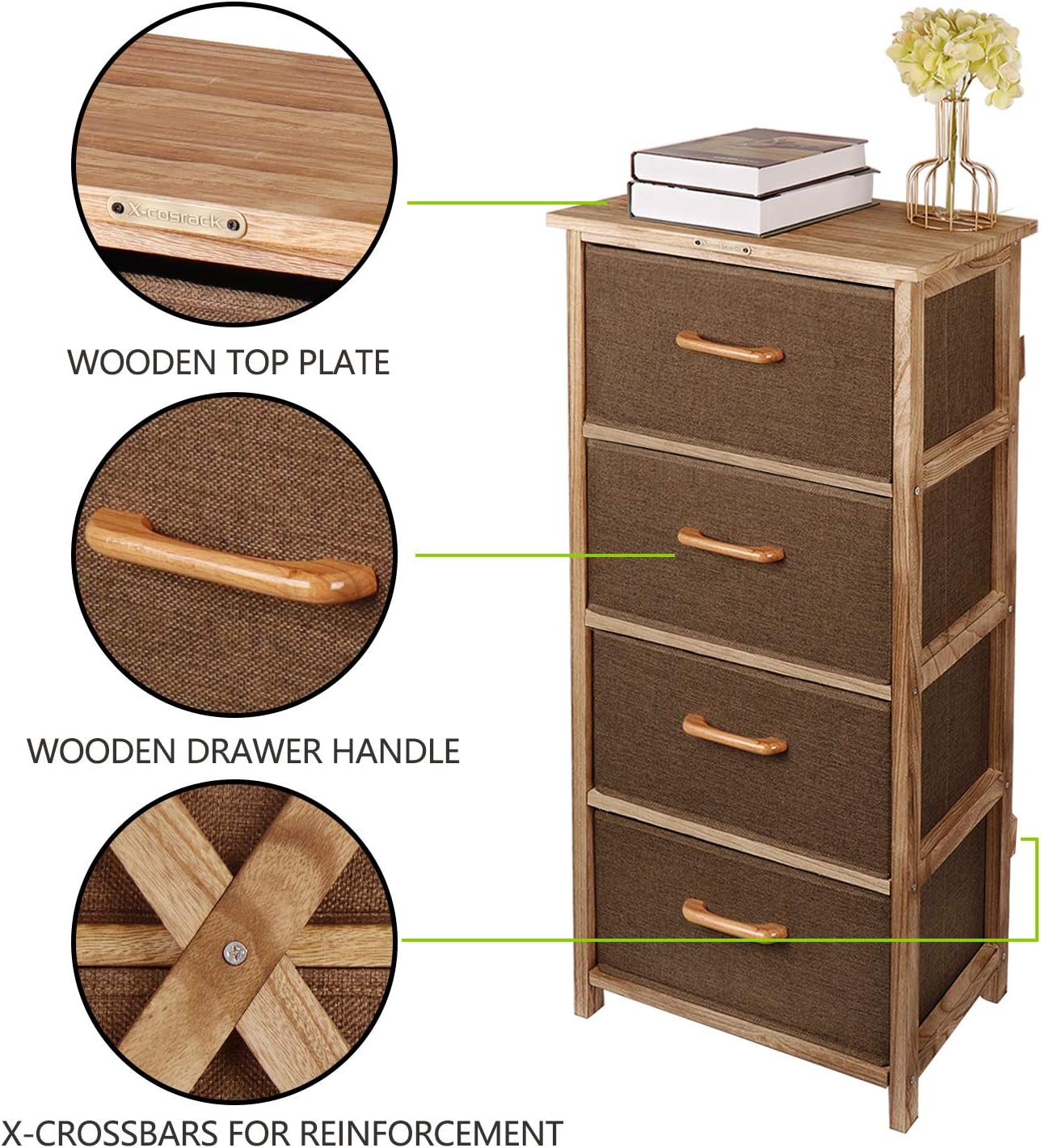 Wooden Dresser Storage Tower,Rustic Retro 4 Drawer Vertical Fabric Storage Unit for Bedroom, Hallway, Entryway, Closet,Nursery Room,Bathroom,Brown