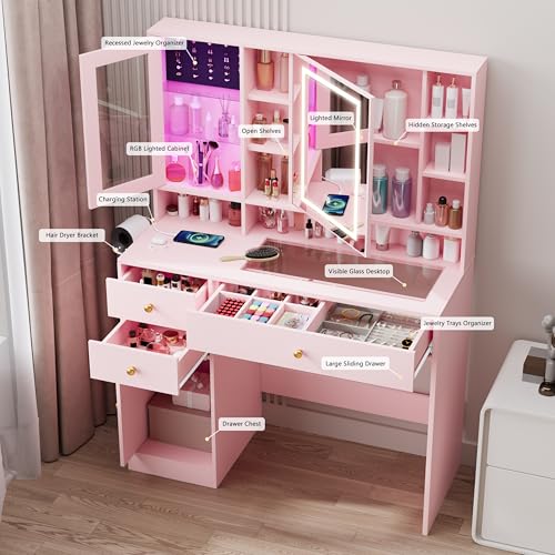 Makeup Vanity Desk with Mirror and Lights, White Vanity with Glass Top, LED Lights & Power Outlet, 3 Drawers & 2 RGB Glass Cabinets