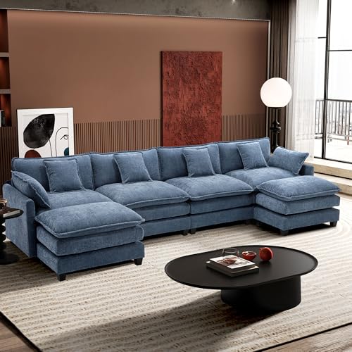 Ihanherry 111.4" U Shaped Modern Cloud Sofa Modular Sectional Couch with 2 Ottoman, 5-Seat Chenille Deep Seat Sofa with Pillow for Living Room