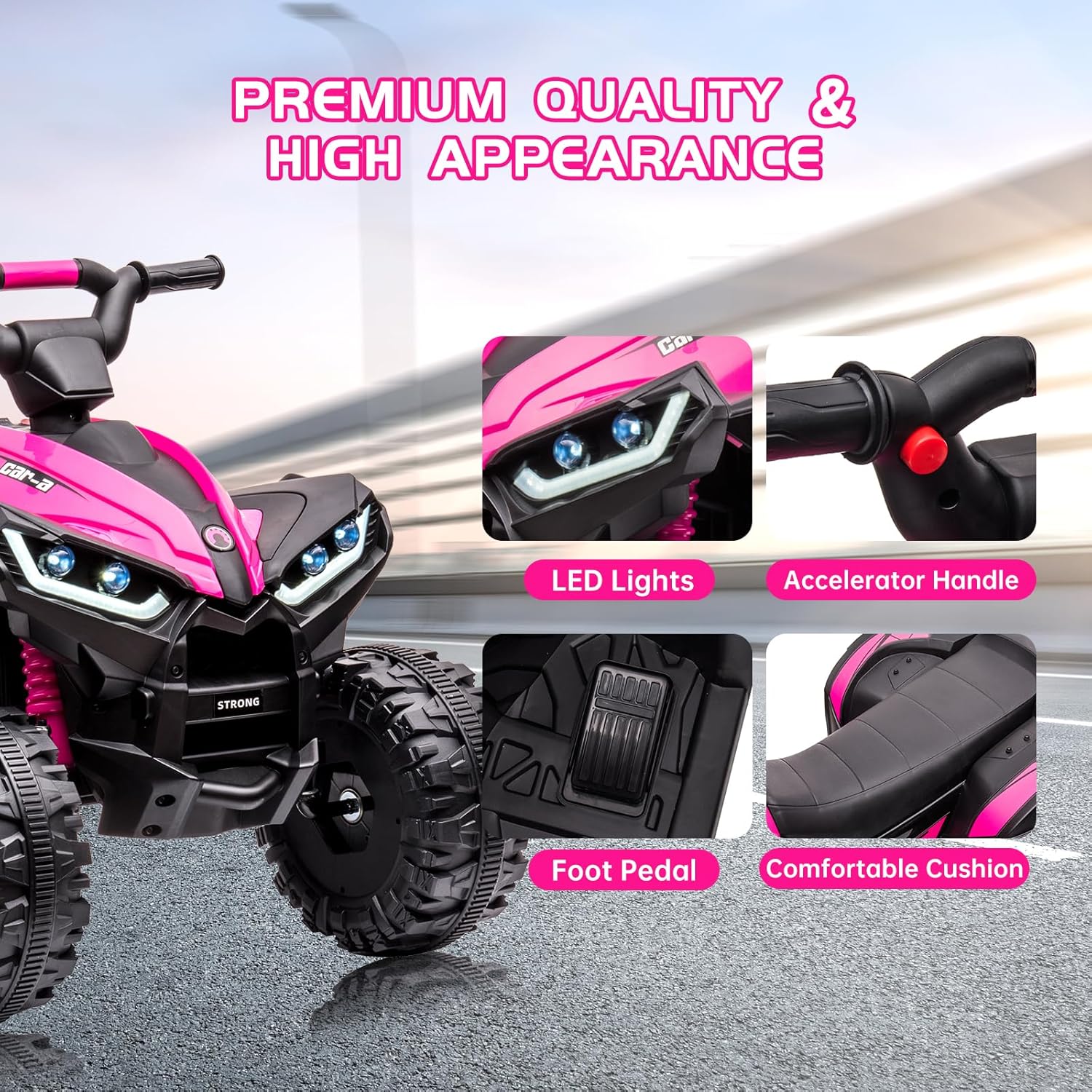 Four Wheeler for Kids, Electirc Toddler 4 Wheeler for Kids 3-8, Ride on ATV 12v Battery Bowered, Kids Quad with LED Lights, Music, High Low Speed