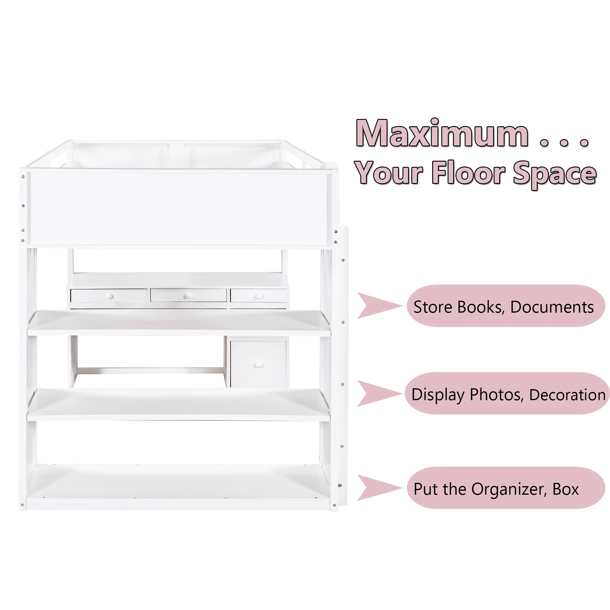 Bellemave Full Size Loft Bed with Desk and Shelves, Wood High Loft Bed Frame with Storage and Ladder, for Kids Teens Adults, White