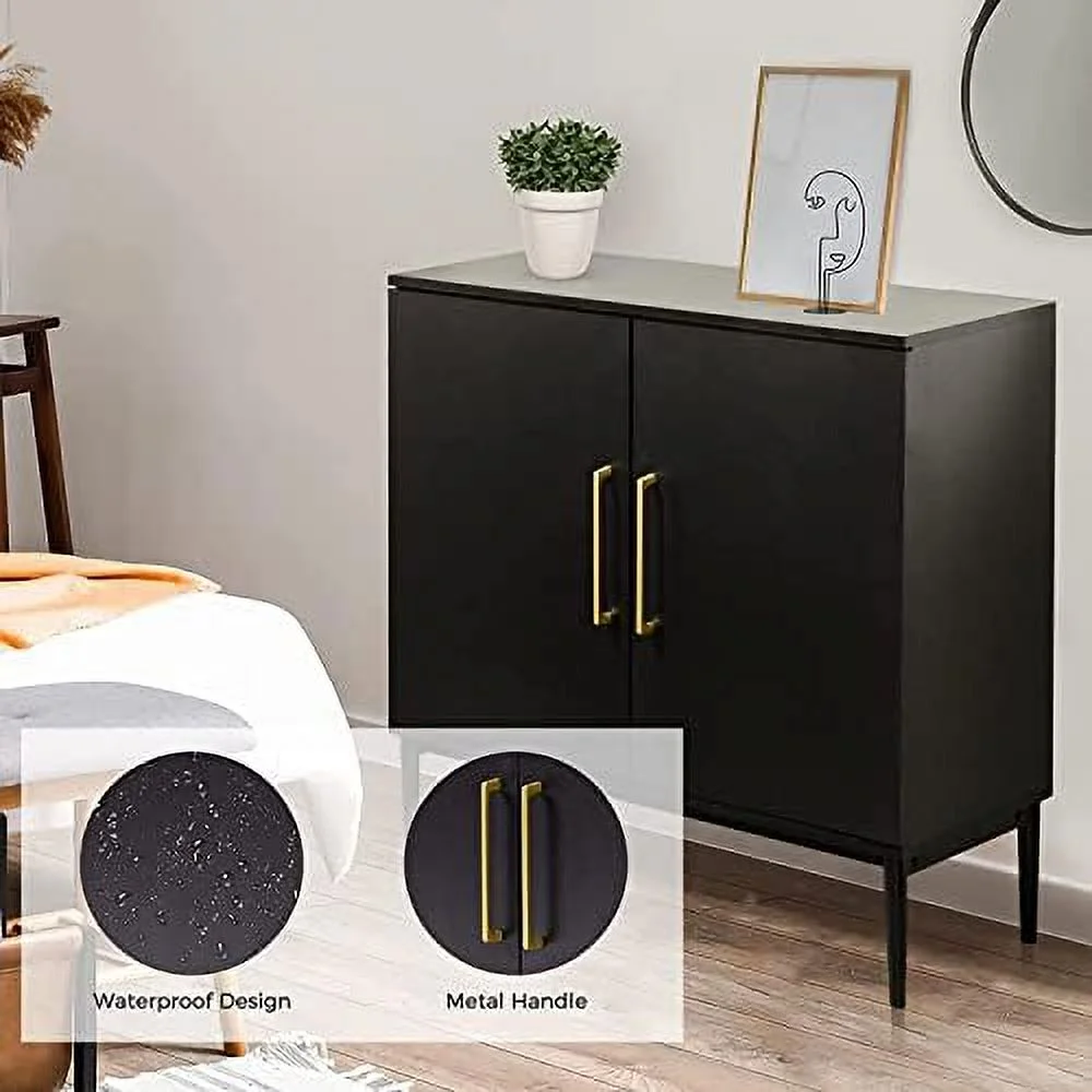 TJUNBOLIFE Set of 2 Black Side  Cabinet  Free Standing Cabinets  Wood Accent Cabinet with Doors  Black Sideboard for Bedroom  Kitchen Home Office