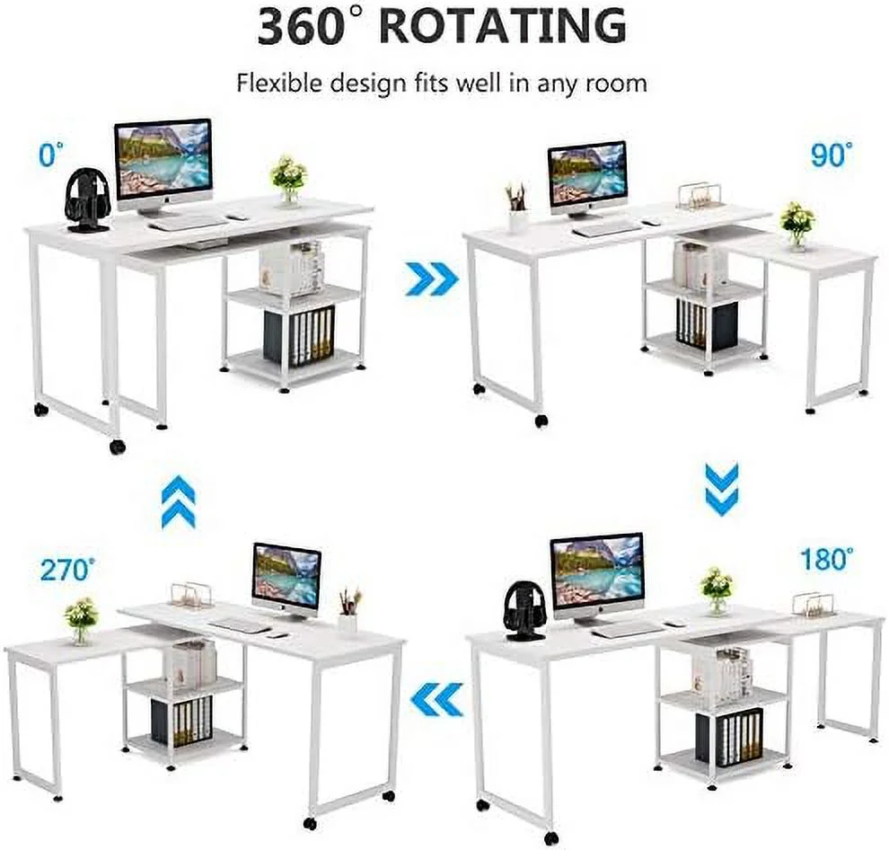 KHBIULIFE ° Free Rotating L-Shaped Desk  55 inch Large Reversible Corner Office Computer Desk Modern Study Writing Table Computer Workstation with