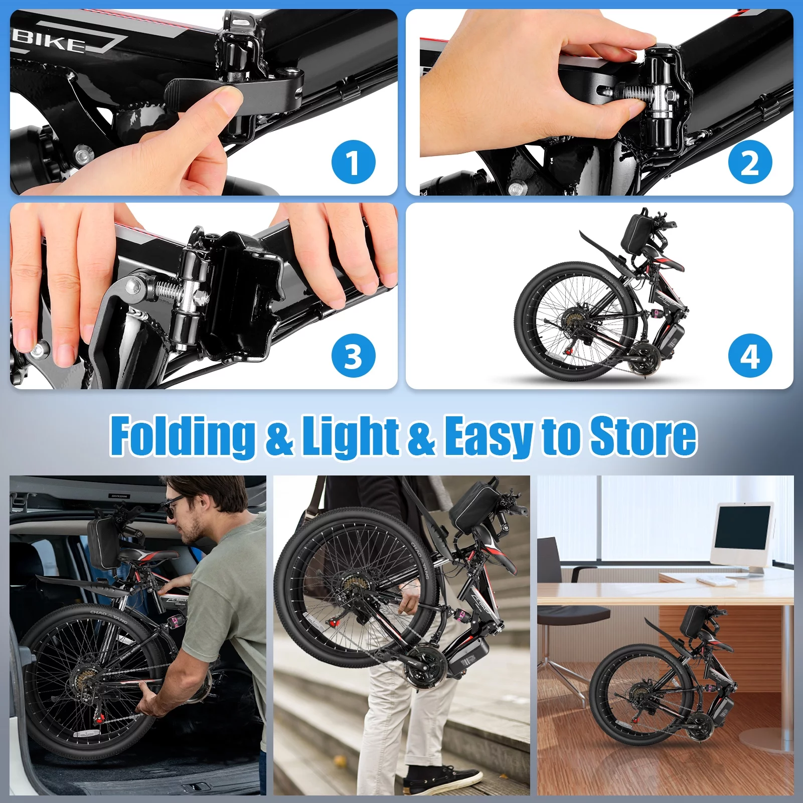 Elifine 500W 26" Electric Bike Folding Electric Mountain Bike for Adults, 48V 7.8Ah Battery Foldable Ebike, 21 Speed