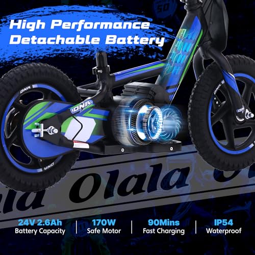 OLALA Electric Dirt Bike for Kids Aged 3-6, 170W Racing Grade Electric Motorcycle, New Aluminum Frame with 2 Power Modes, 24V Detachable Battery