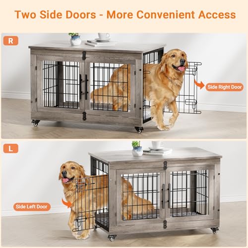 Lulive Dog Crate Furniture for Medium Dogs, 32'' Dog Kennel Indoor with Cushion & Wheels Wooden Dog Cage Double Doors Dog Crate End Table, Grey