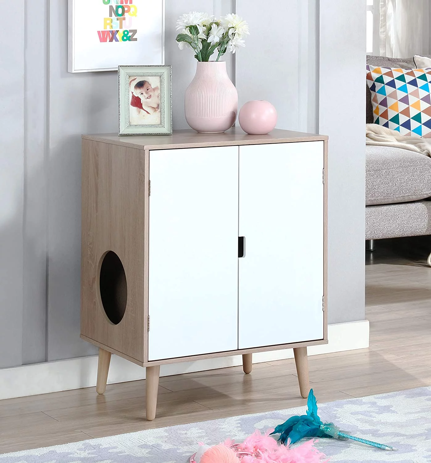 Penn-Plax Cat Walk Furniture: Contemporary Home Cat Litter Hide-Away Cabinet &ndash; Grey Wood Grain with White Doors