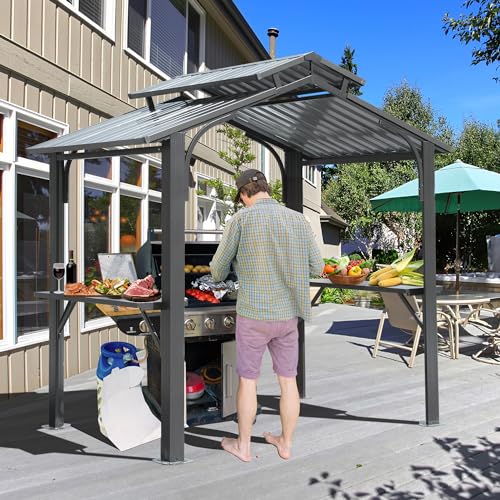 Domi 8x5FT Hardtop Grill Gazebo, Outdoor BBQ Gazebo with 2 Side Shelves and Bottle Opener