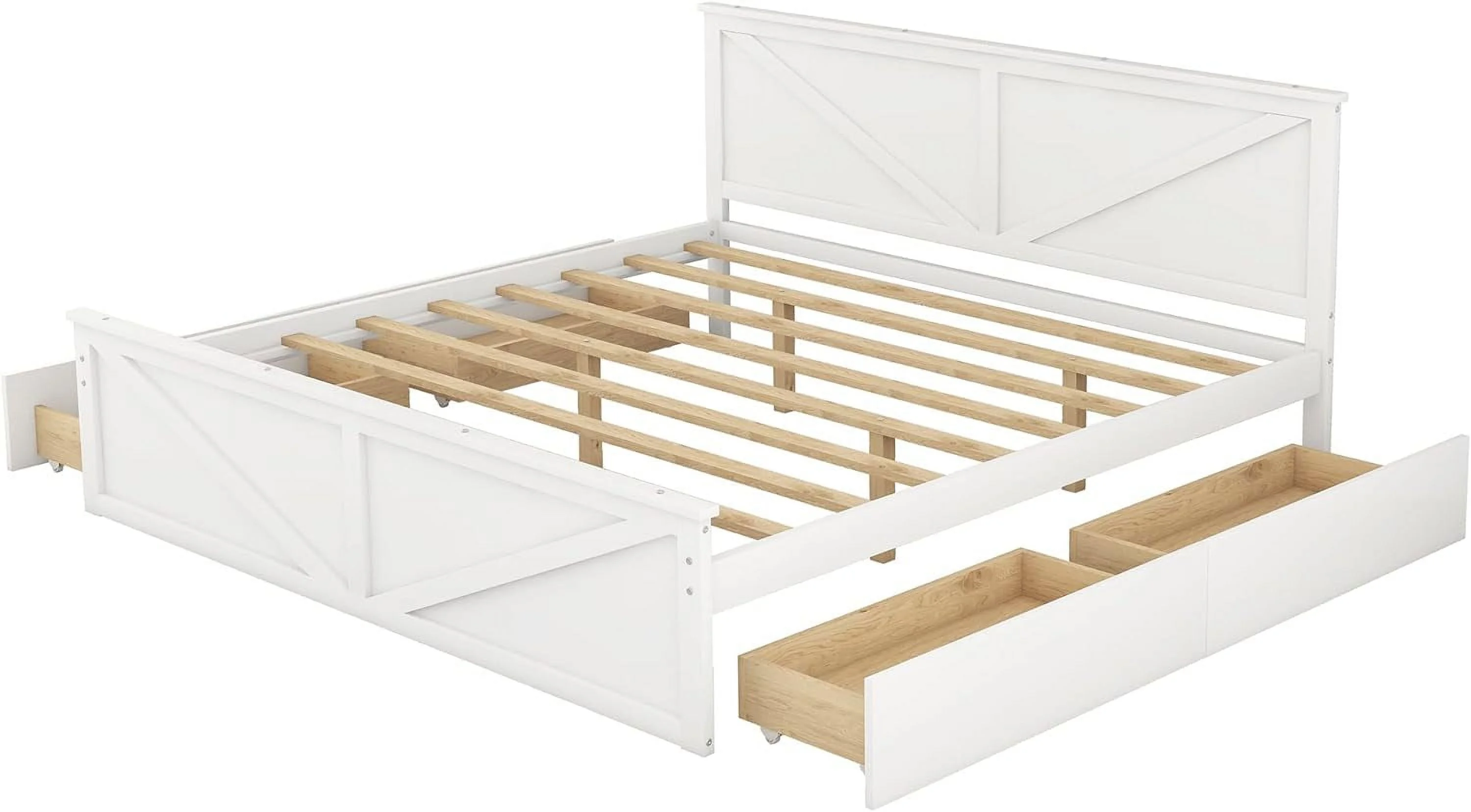 Kig Size Platform Bed, Woode Platform Bed Frame With 4 Storage Drawers Ad Support Legs, o Box Sprig eeded, White