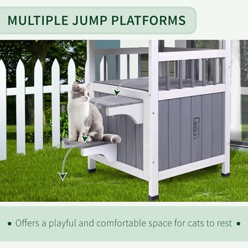 GEGURI Outdoor Cat House Weatherproof, Wooden Two-Story Feral Cat Shelter with Openable Roof, Escape Door, Balcony