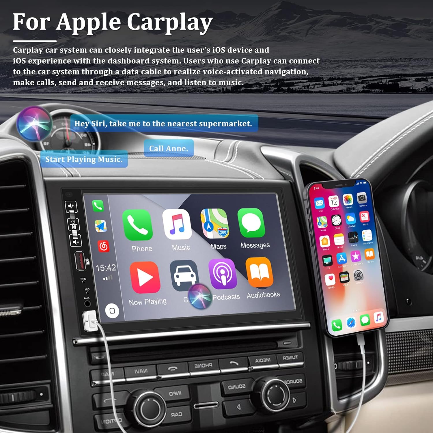 7 Inch Double Din Car Stereo with Carplay Android Auto Touch Screen Bluetooth Car Radio with FM Mirror Link USB SWC Backup Camera Remote Control