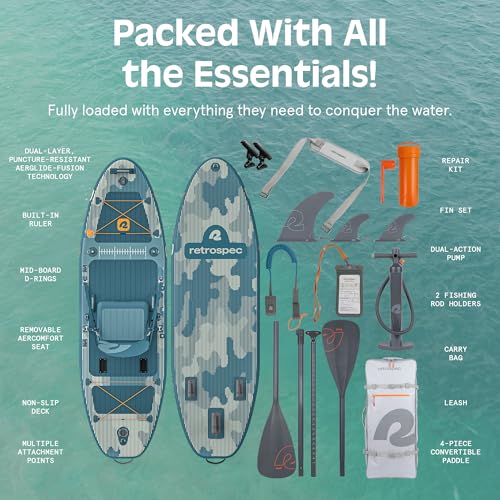 Retrospec June Nano Kids Inflatable Fishing Paddle Board SUP Kayak: 9'6" Hybrid Paddleboard with Rod Holders, Removable Seat