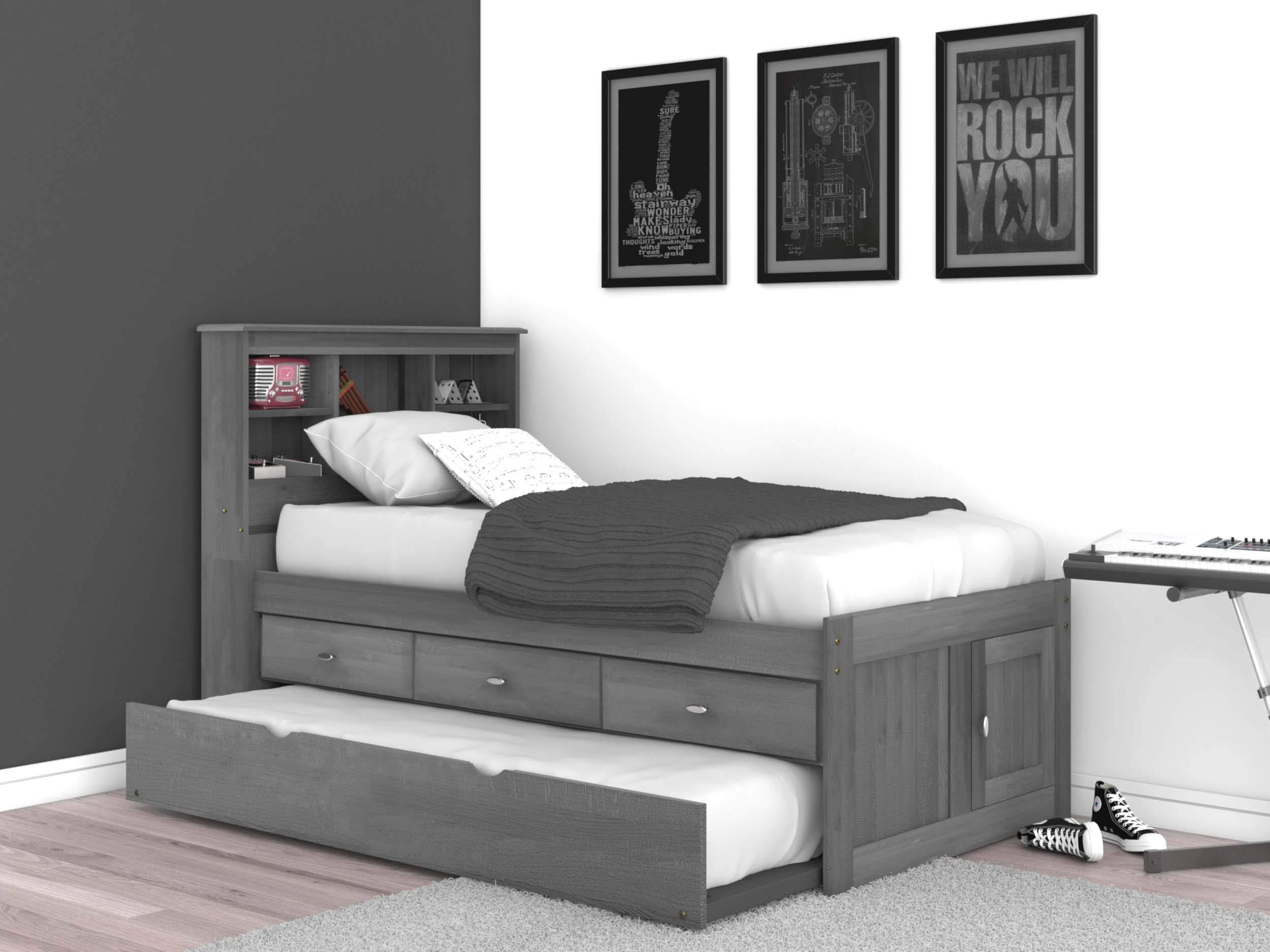 Discovery World Furniture Charcoal Twin Bookcase Bed with 3 Drawers and Trundle