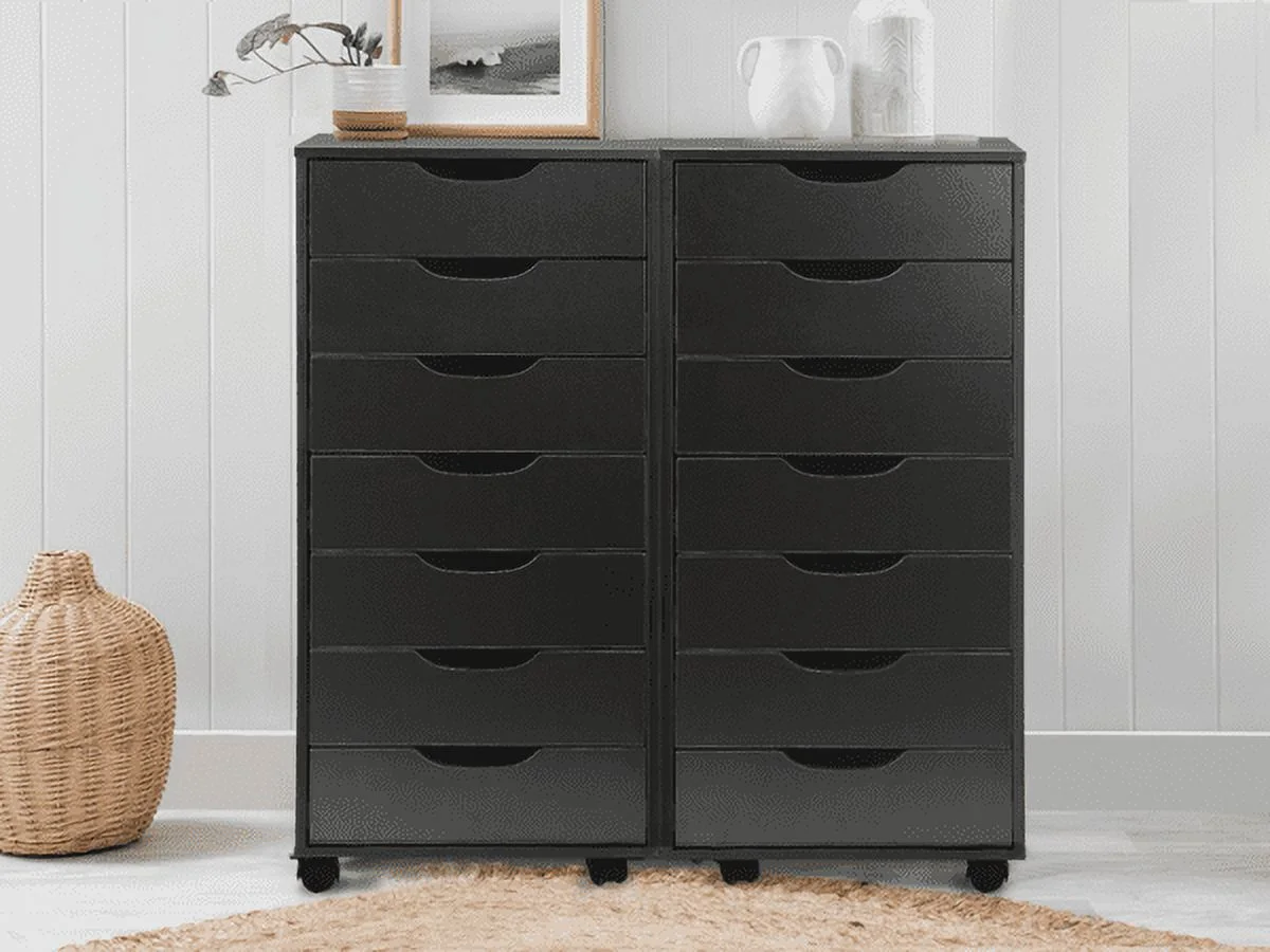 Richya 7-Drawer Chest, Storage Dresser Cabinet with Wheels, Tall Chest of Drawers for Closet and Bedroom (Black, 7 Drawer)